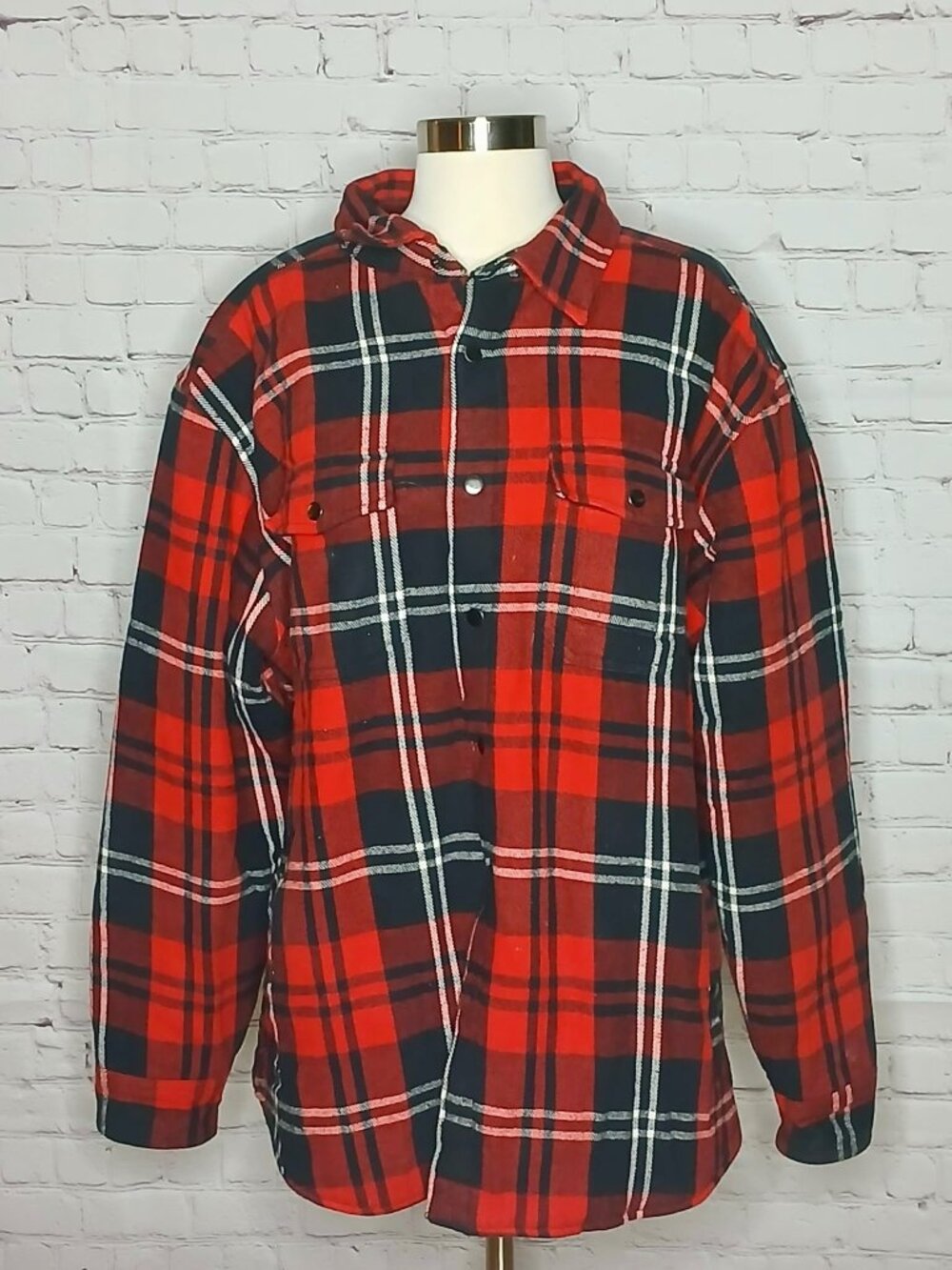 Falls Creek Men's XL Red Black White Yellow Plaid Flannel Coat - Fleece Lined |